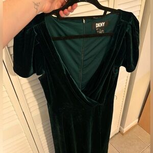 Dark Green Velvet Midi Dress DKNY V Neck